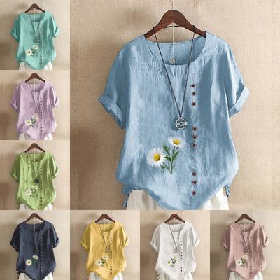 Women's Fashion Round Neck Short Sleeve T-shirt Casual Cotton Linen Graphic Shirt Leisure Loose Flower Prined Summer Blouse Tops