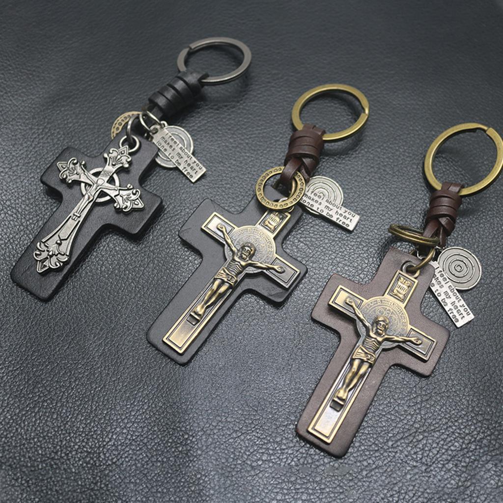 PU-Leder und Zinklegierung Schlüsselanhänger Religiöser Schlüsselring Mode Kruzifix Anhänger Tasche Anhänger Zubehör für Trendsetter