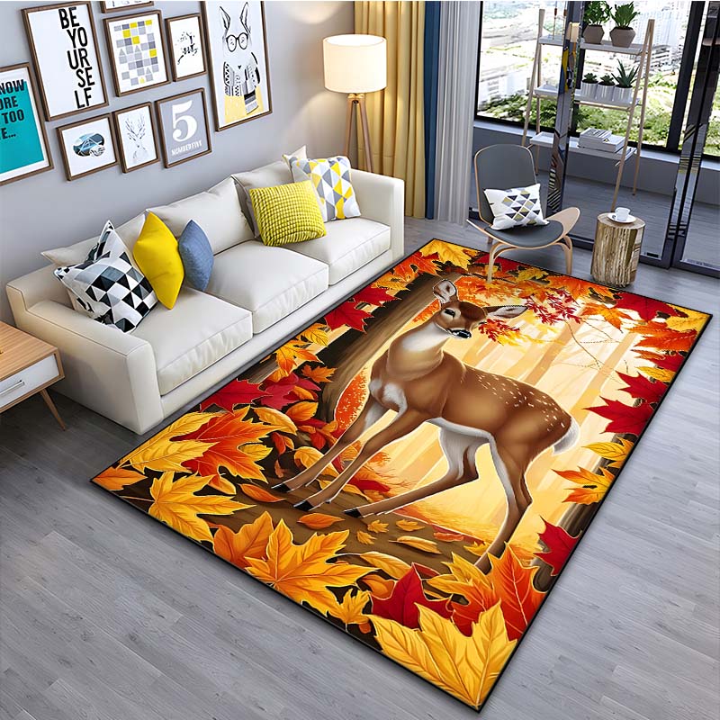 Autumn Maple Leaves Deer Printed Carpet for Living Room Bedroom Bedside Bathroom Floor Mat Area Rugged Sofa Mat Home Decor