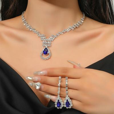 3 Women's Fashion Claw Chain Series Sapphire Droplet Earrings with Necklace Jewelry Set Party Accessories