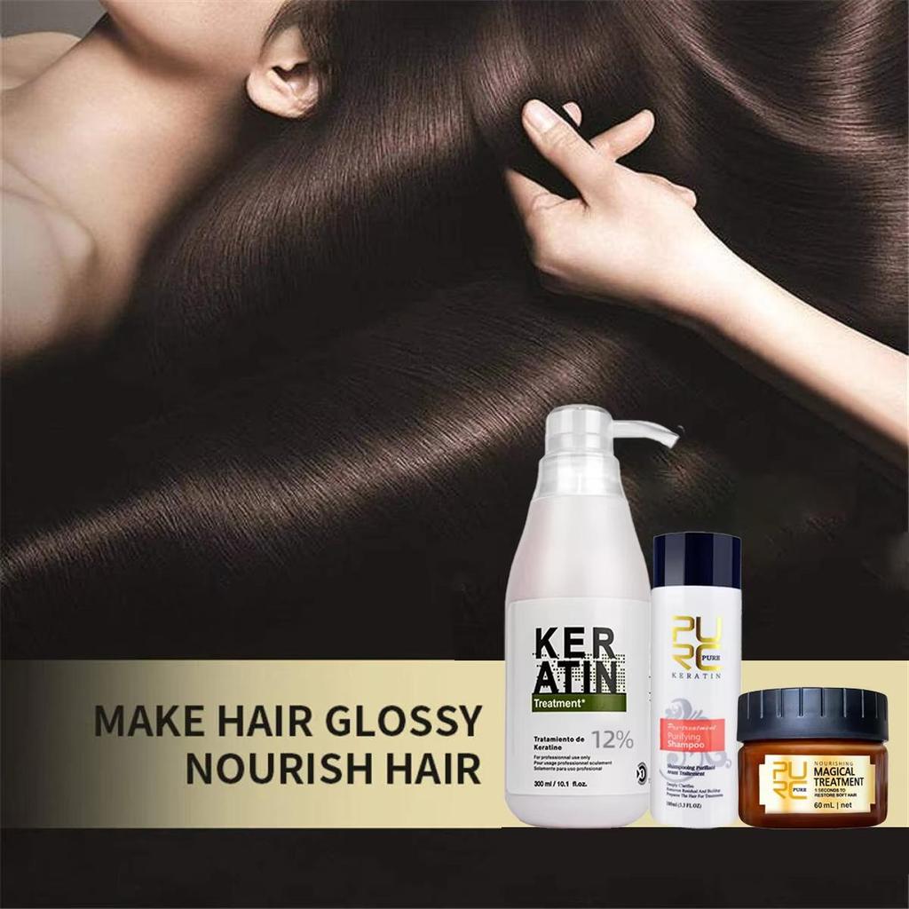PURC Professionelles Keratin-Haarbehandlungsset Brasilianische Haarglättungscreme Glättungsshampoo Magische Haarmaske Pflege