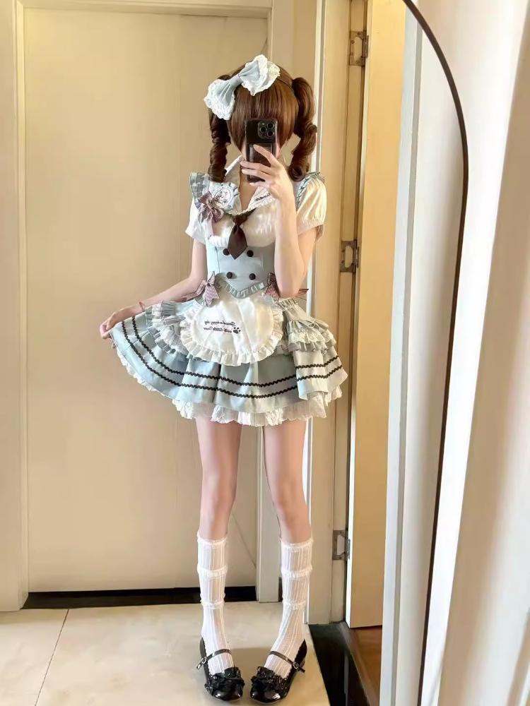 Set 3 Piese Femei Harajuku Sweet Lolita Design Dantelă Albă Top Corset Fustă Bufantă Retro Elegant Femeiesc Ținute Noi Șic Vară
