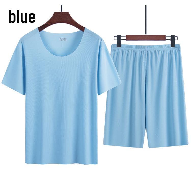 

Мужской летний пижамный комплект из ледяного шелка - Круглый вырез, короткий рукав и шорты 2XL (140-160 jin)