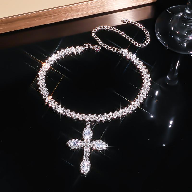 Elegant Luxury Inlaid Synthetic Zirconia Hip Hop Cross Necklace For Women Girls Sparkling Pendant Party Jewelry Birthday Gift