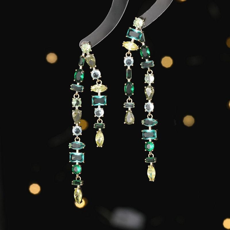 SHEMIAO Fashion Colorful Zircon Tassel Earrings Silver Needle Drop Stud Earrings Geometric Elegant Earrings Girls Jewelry