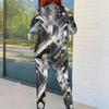 Women Plus Size Round Neck Long Sleeve Printed Two Piece Set Gray Black White Fitted Top And Pants