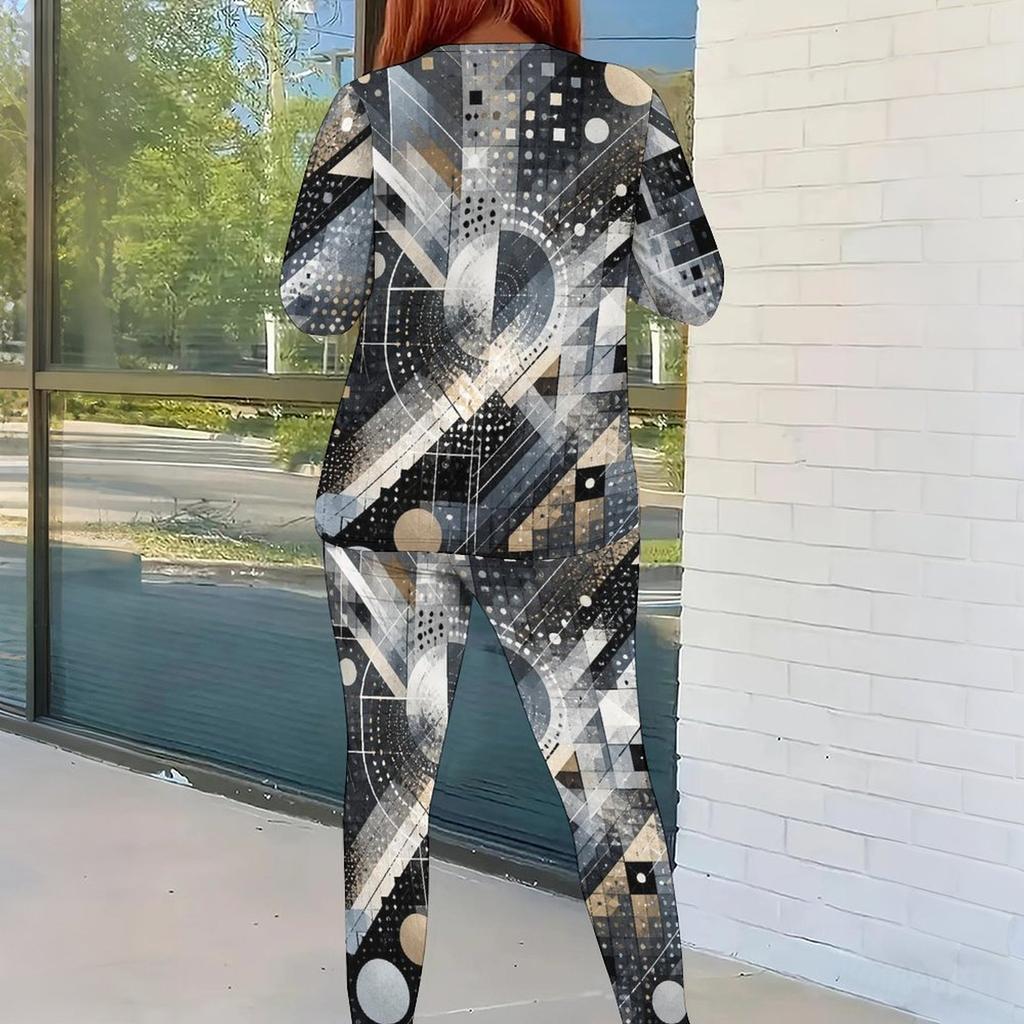 Women Plus Size Round Neck Long Sleeve Printed Two Piece Set Gray Black White Fitted Top And Pants