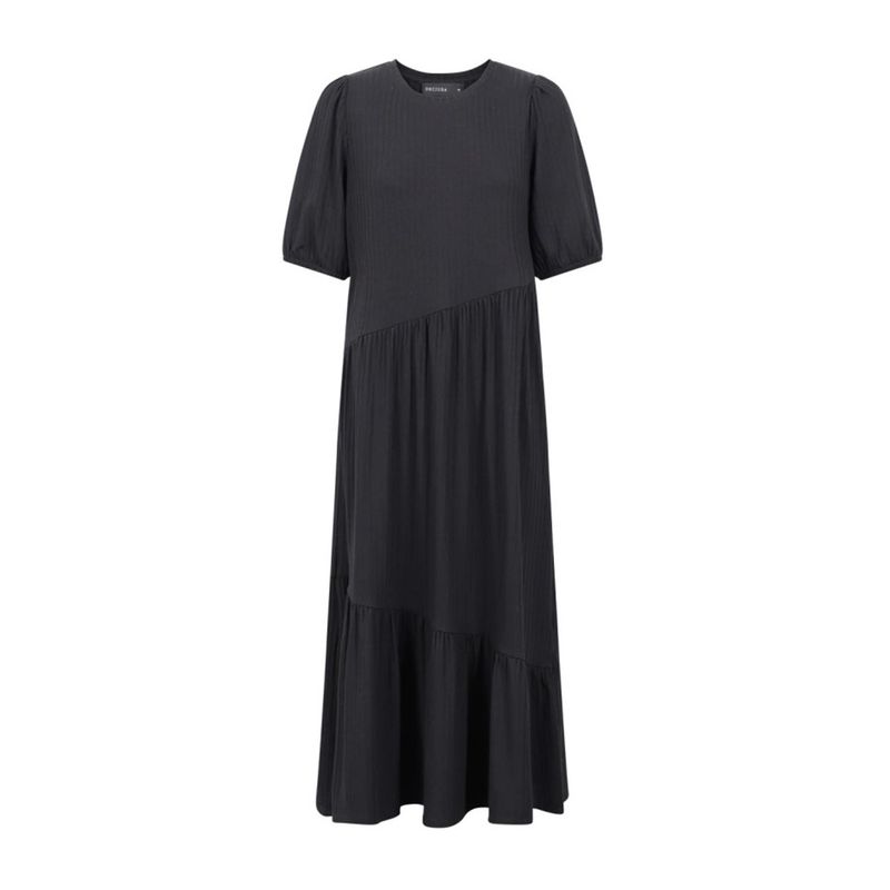 

Exported to the United States Single Layered Patchwork Women s Summer Short Sleeve round Neck Long Dress High Waist Temperament Black Slim Looking Black S