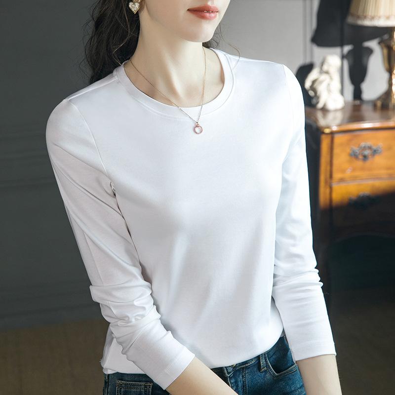 Cotton t-shirt women's new summer simple loose non-deforming double-sided mercerized cotton round neck long-sleeved t-shirt