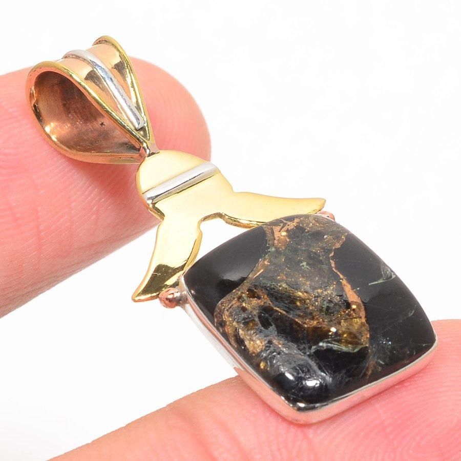 Natural Black Turquoise TwoTone 925 Solid Sterling Silver Pendant 1.50" S3T24