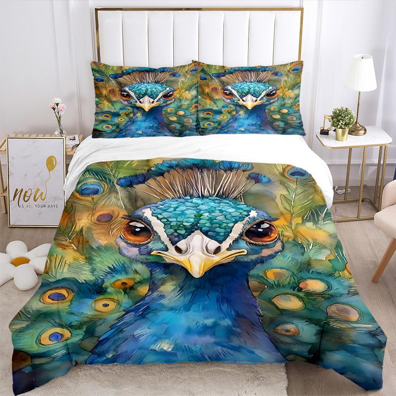 3pcs Peacock Feather Duvet Cover Set -Includes 1 Duvet Cover and 2 Pillowcases, No Quilt Core, All-Season Home Decor  Yy251111137