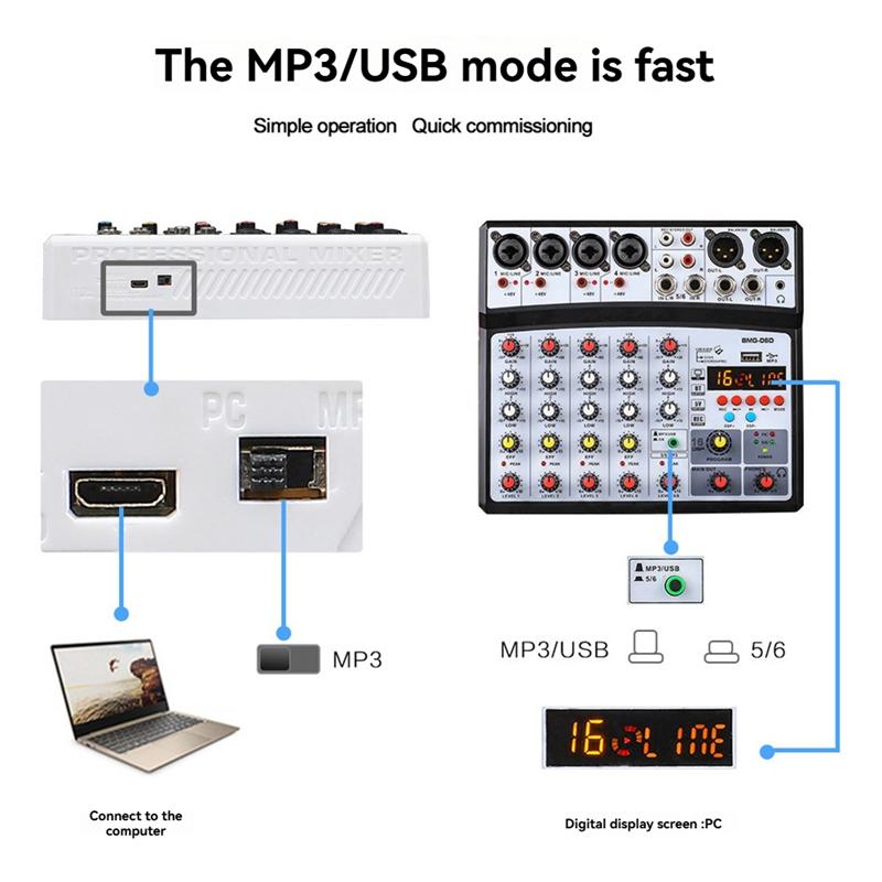 6-Kanal Audio-Mischpult Tragbare Mischkonsole USB-Schnittstelle Soundkarte Mit 99 DSP 48V Phantomspeisung