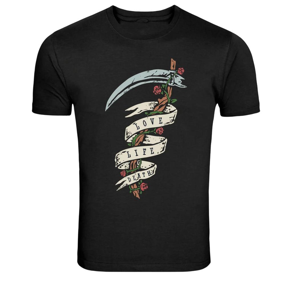 Love Life Death Grim Reaper Scythe Tattoo Style Graphic T-Shirt