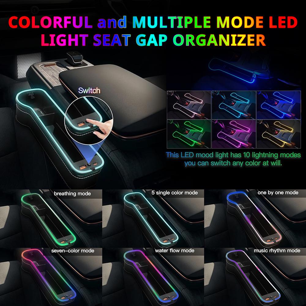 Car Seat Gap Organizer with LED Ambient Light Cup Holder Storage Box and 30W Dual USB Charging for Front Console Accessories