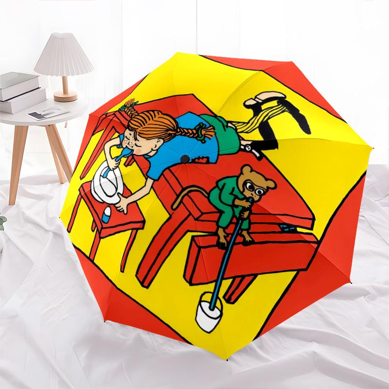 Pippi Longstocking pattern, automatic folding umbrella, portable and foldable design, 8 ribs, a Christmas or birthday gift.