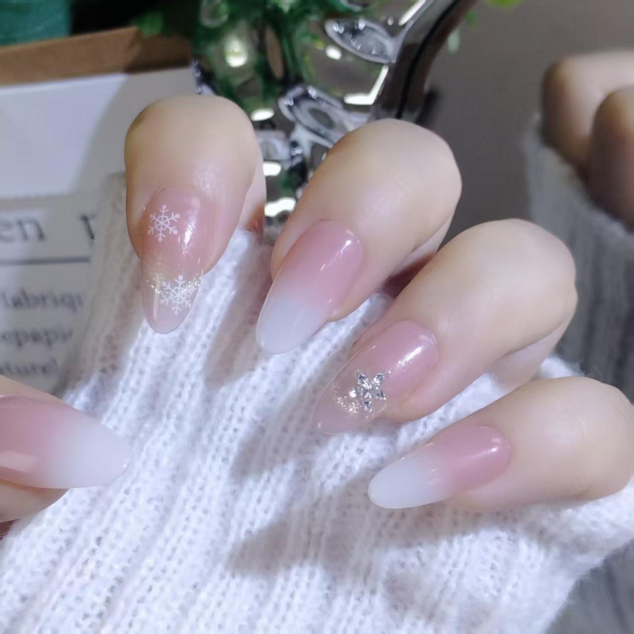 Handmade Milky White Cat Eye Nails with Snowflake Rhinestones L