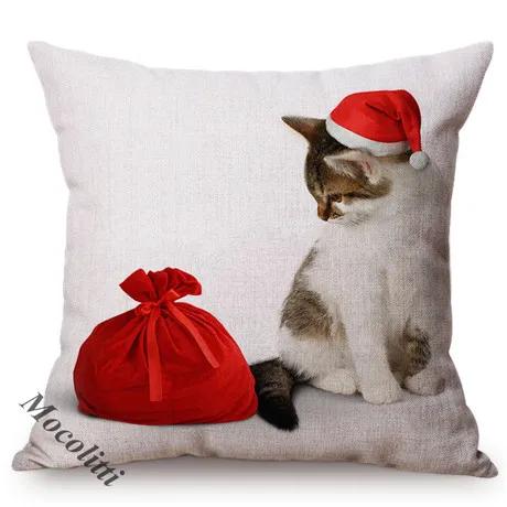 Christmas Sofa Decoration Cushion Cover Cute Pet Dog Animal Wear Red Christmas Hat Lovely Cat Print Throw Pillow Case Cojines