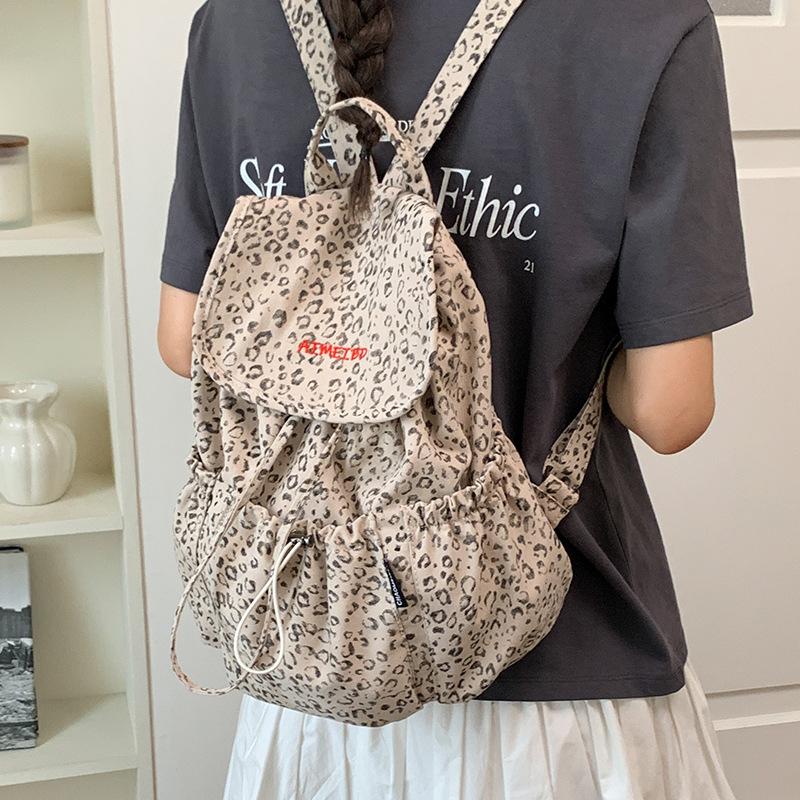 Schoolbag Retro Leopard Print Backpack Bag Women's 1011 Summer New Fashion College Style Canvas Bag Casual Large Capacity Backpack