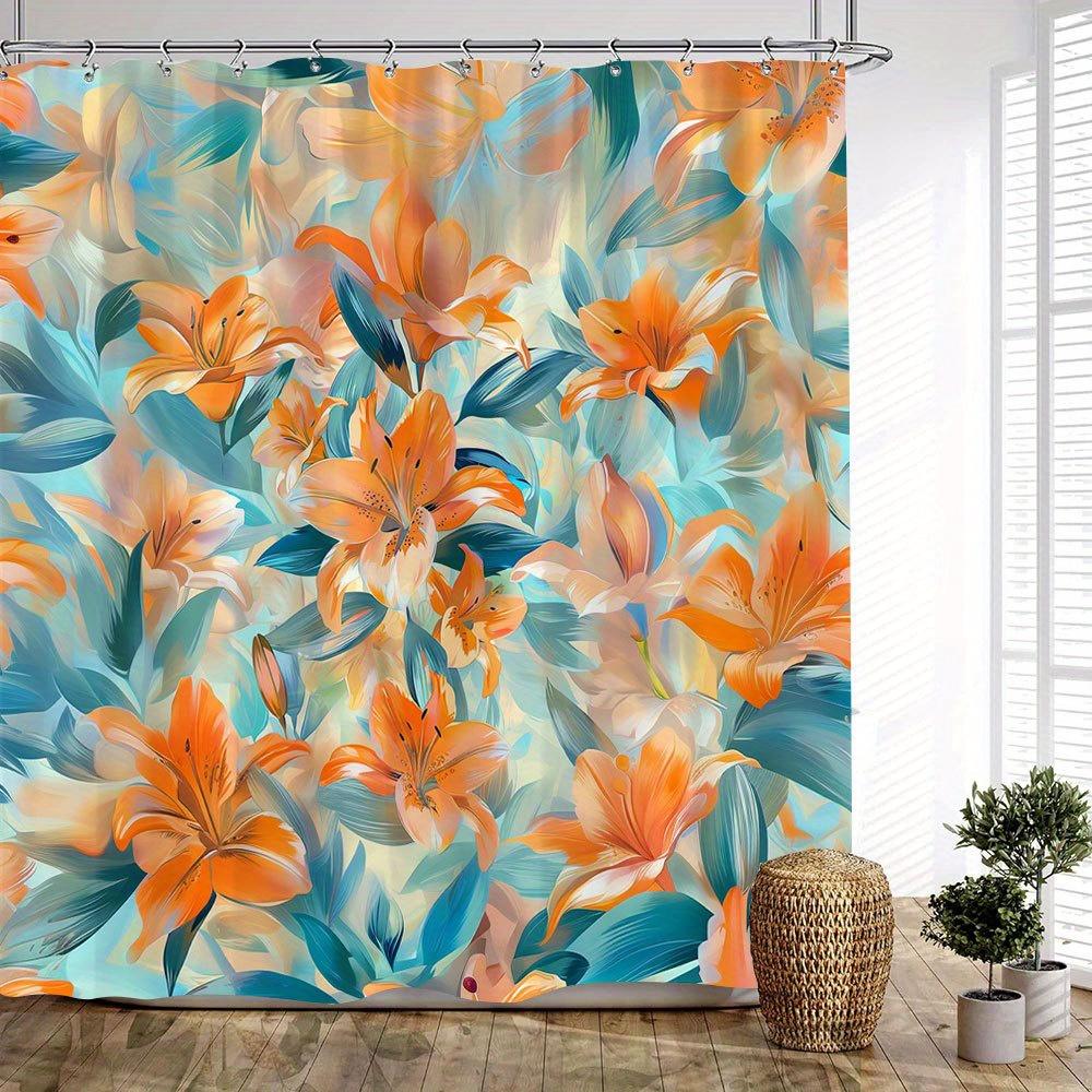1Pc Extra Long Floral Shower Curtain - Orange Lilies & Green Leaves On Pastel Blue & Yellow Background, Impressionistic Brushstr
