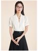 Women's Professional Short Sleeve V-Neck Satin Blouse - Iron-Free, Wrinkle-Resistant, Blue.