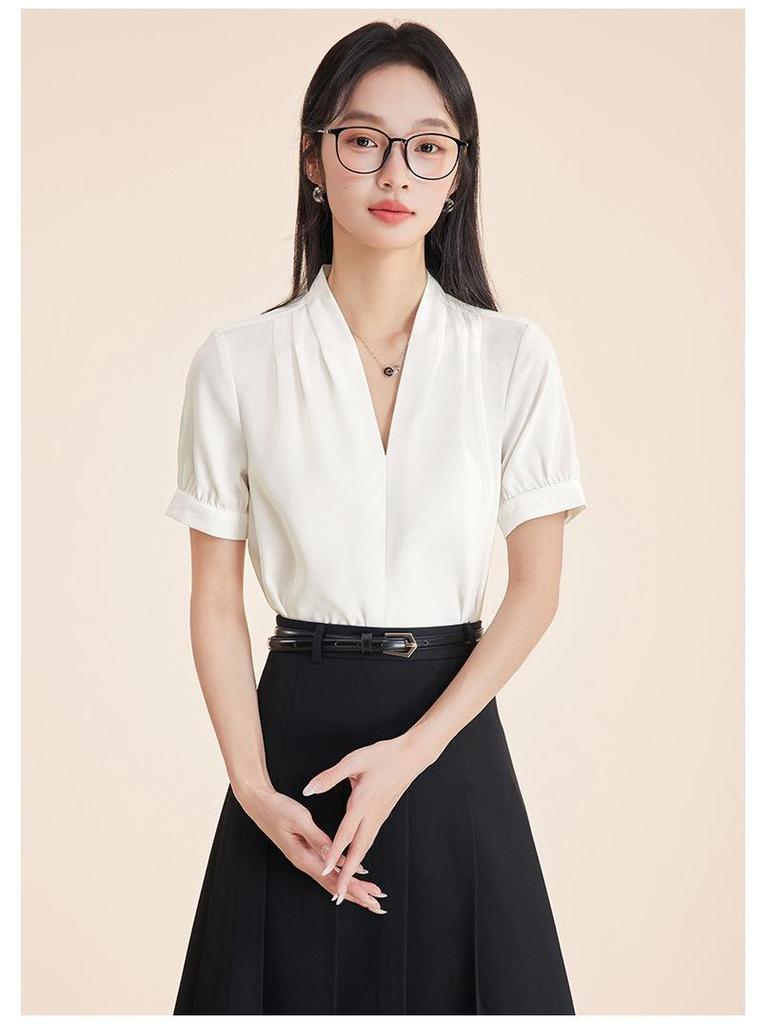 Women's Professional Short Sleeve V-Neck Satin Blouse - Iron-Free, Wrinkle-Resistant, Blue.