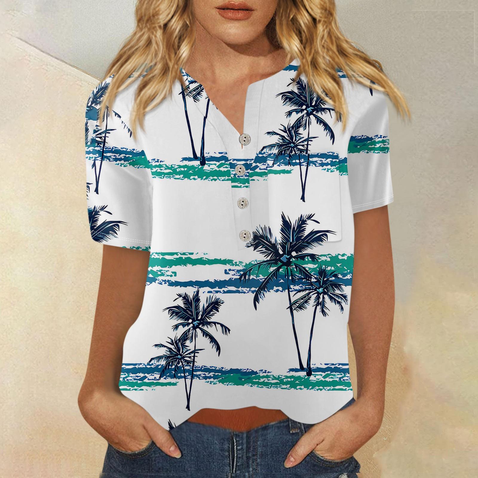 

Гавайская рубашка для женщин, модная повседневная рубашка с коротким рукавом и принтом на пуговицах, блузка XL белый