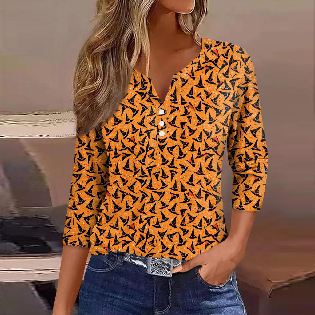 Women's Fashion Casual Halloween Printed V.Neck Short Sleeve Decorative Button Three.quarter Sleeve T-shirt Tor