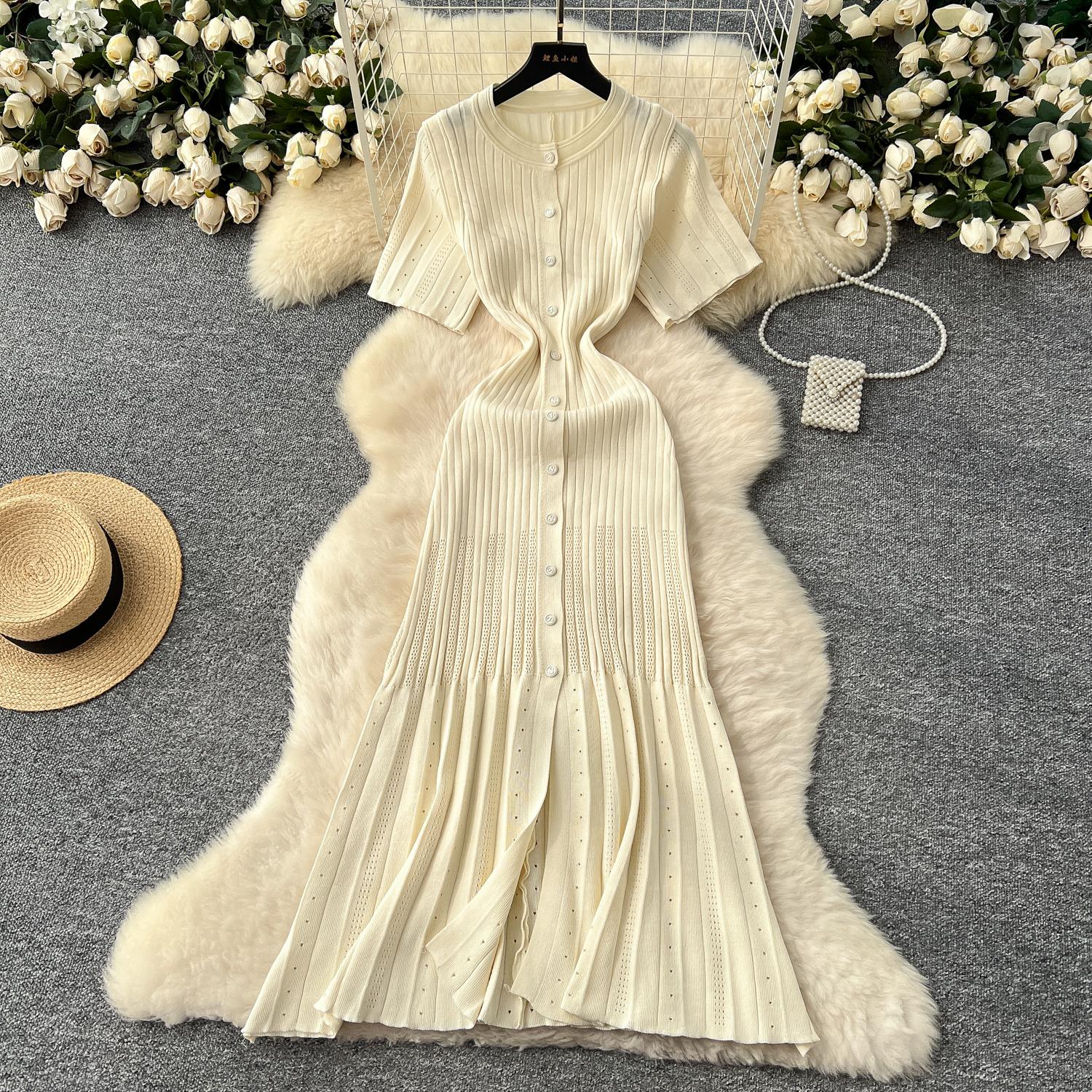 

Летние женские дизайнерские платья для подиума с круглым вырезом, однобортные вязаные свитера, длинные платья миди для вечеринок на день рождения One Size бежевый