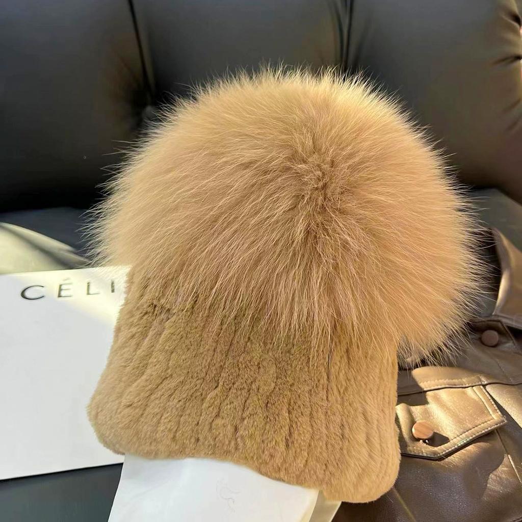 Real Rex Rabbit Hair Fox Hair Hat Thickened Fur Ear Protector Hat Cold-proof and Warm Plush Knitted Hat Baotou Hat Basin Hat