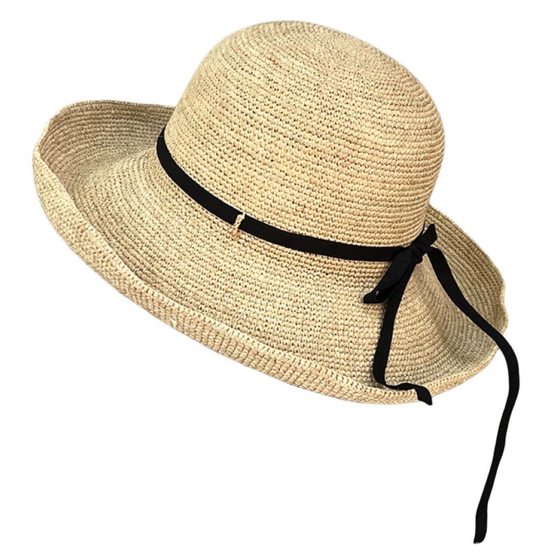 Japanese Literary And Artistic Bow Straw Hat Women'S Summer Sunshade Big Brim Raffia Hand-Woven Basin Hat