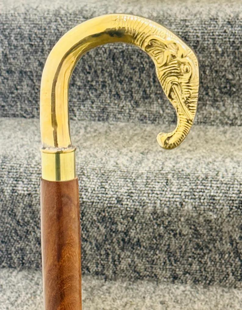 Walking Stick Black Twisted Pole With A Brass Elephant Head Comfortable Handle.