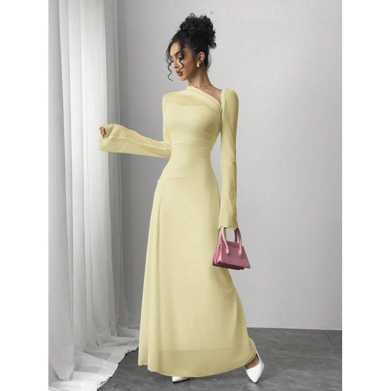 Europe, America 2026 summer new asymmetrical neckline long sleeve elegant fashion temperament dress women