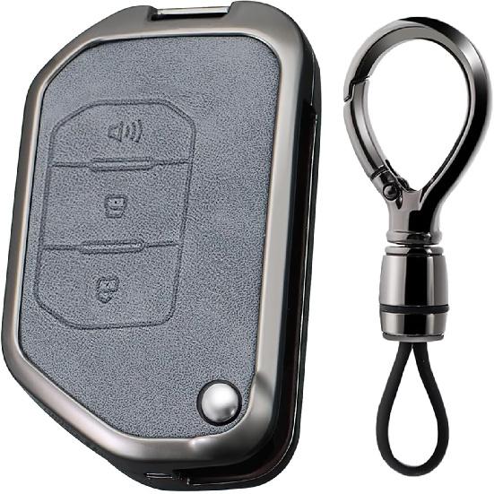 SANRILY Gray Metal Leather 3 Button Flip Key Fob Cover Fit for Jeep Wrangler JL JLU Gladiator JT Rubicon Sahara JLU 2018-2022 Keyless Key Holder with