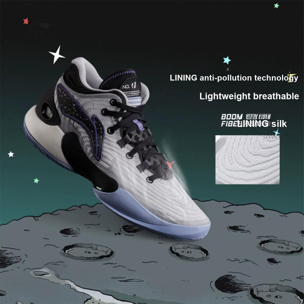 Li Ning YOUNG 18 Comfortable Shock Absorbing Durable Mid-Top Basketball Shoes Kids Sneaker Black Gray Blue YKBU062-1