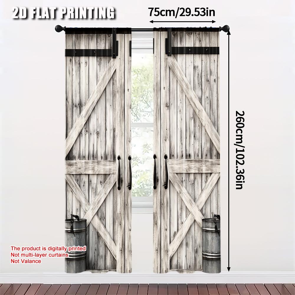 2 Stück Holz Retro Scheunentor Muster Vorhang Landhausstil Dekorativ Bedruckt Lichtfilternder Vorhang für Heimdekoration