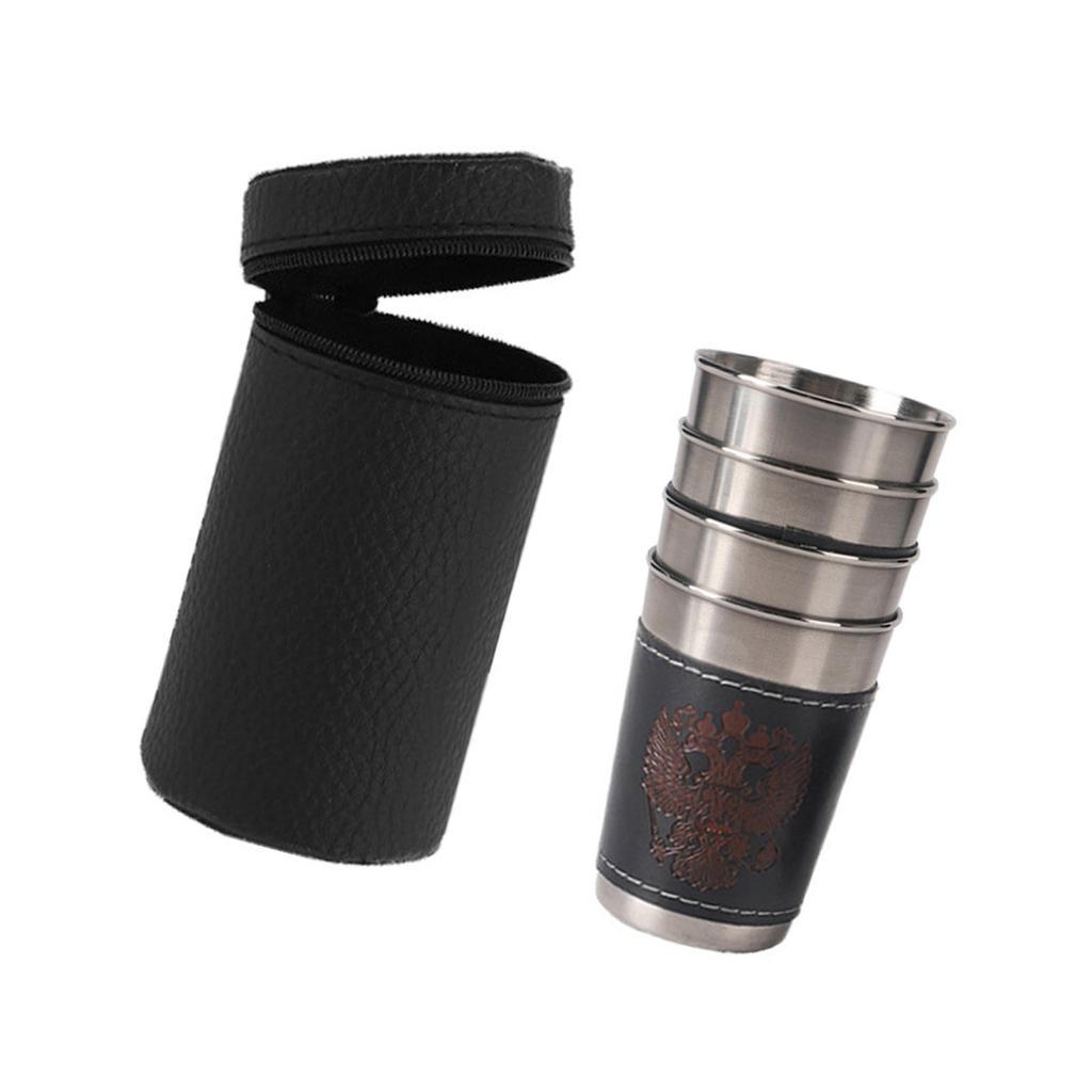 Sada nerezových panáků Přenosný kožený obal Spojené panáky Objem 30/70/180 ml pro setkání