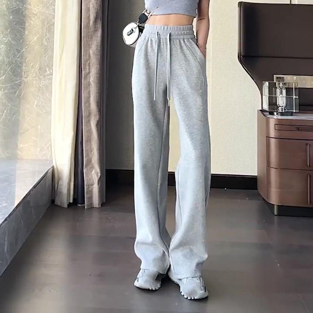 Solid Color Straight Pants Drawstring Casual Pants Women Fashion Loose Sports Pants Summer