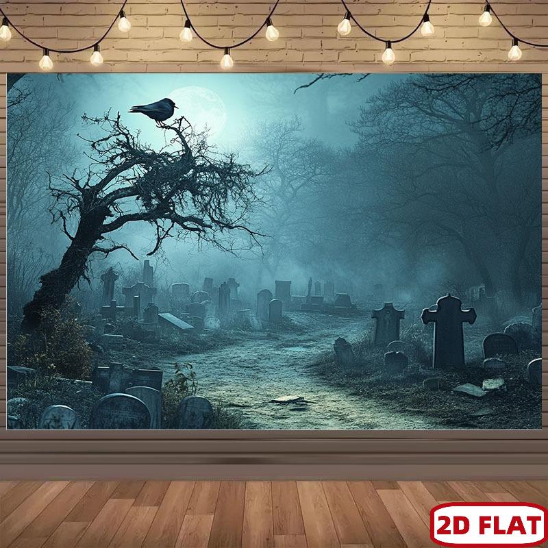 2D flaches Banner, 1 Stück, geeignet für Halloween Spukfriedhof Hintergrund - schreckliche mondbeschienene Friedhofsszene
