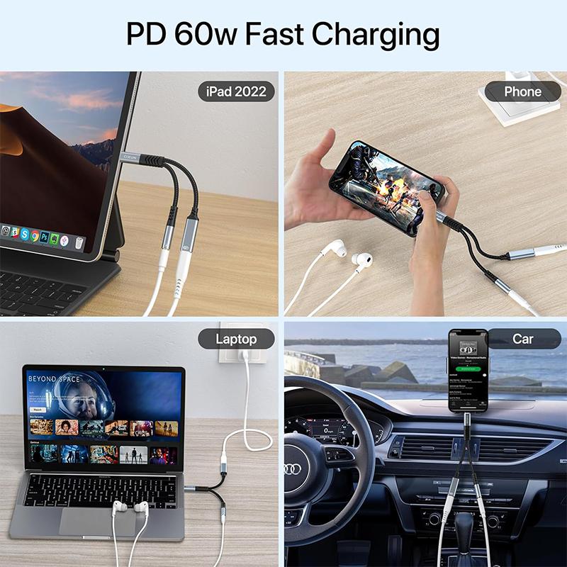 2 In 1 Type C Audio Adapter PD 60W Fast Charging USB C To 3.5mm Jack Adapter for 15/16 Samsung Huawei