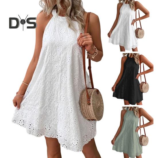 Letní šaty nad kolena Jednobarevné Stylové dámské letní ležérní šaty s dutým květem