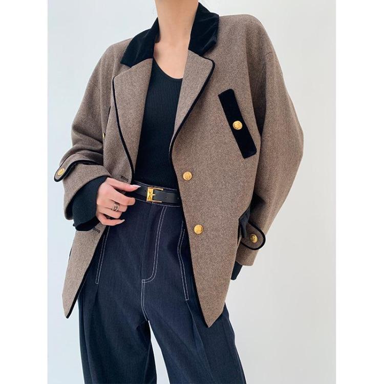 Autumn Winter Fashion Womens Woolen Twill Velvet Jacket Coat with Contrast Stitching