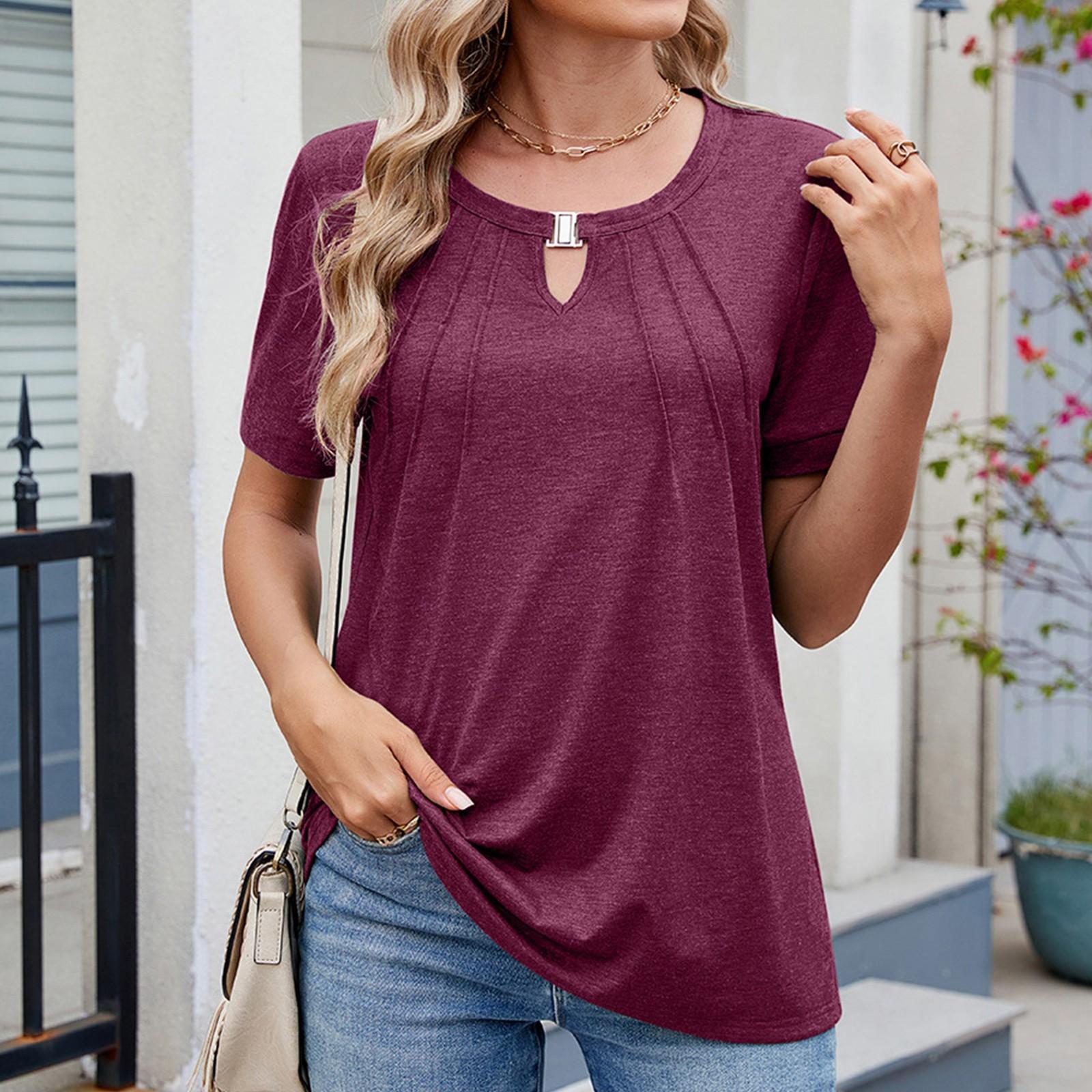 

Женская мода однотонная повседневная футболка с круглым вырезом и коротким рукавом L винный