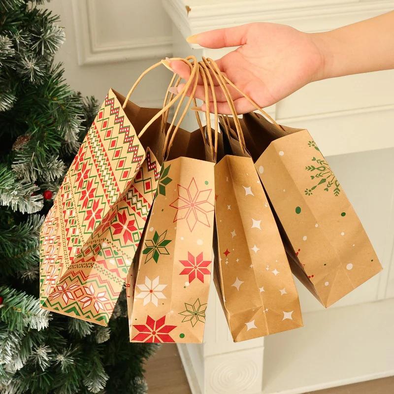 12pcs Christmas Snowflake Kraft Paper Bags with Handles Biscuit Candy Packaging Bag Xmas Tree Gift Pouch Home Decor Xmas Party