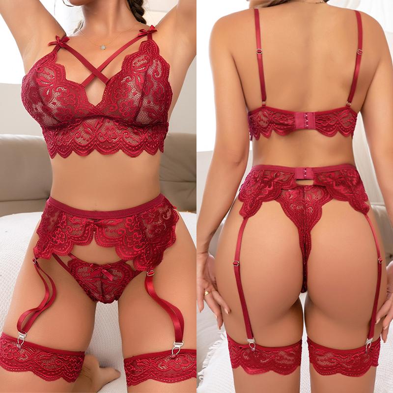 Sexy Bow Exotic Sets Hollow Out Women's Underwear Erotic Cut-out Sexy Lingerie Bra Panty And Garters Lingerie Set Lenceria Mujer