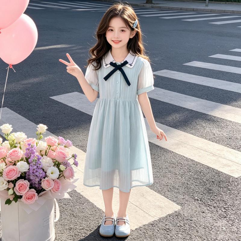 2026 Girls' Summer Dress - School Style Lapel Skirt for Big Kids