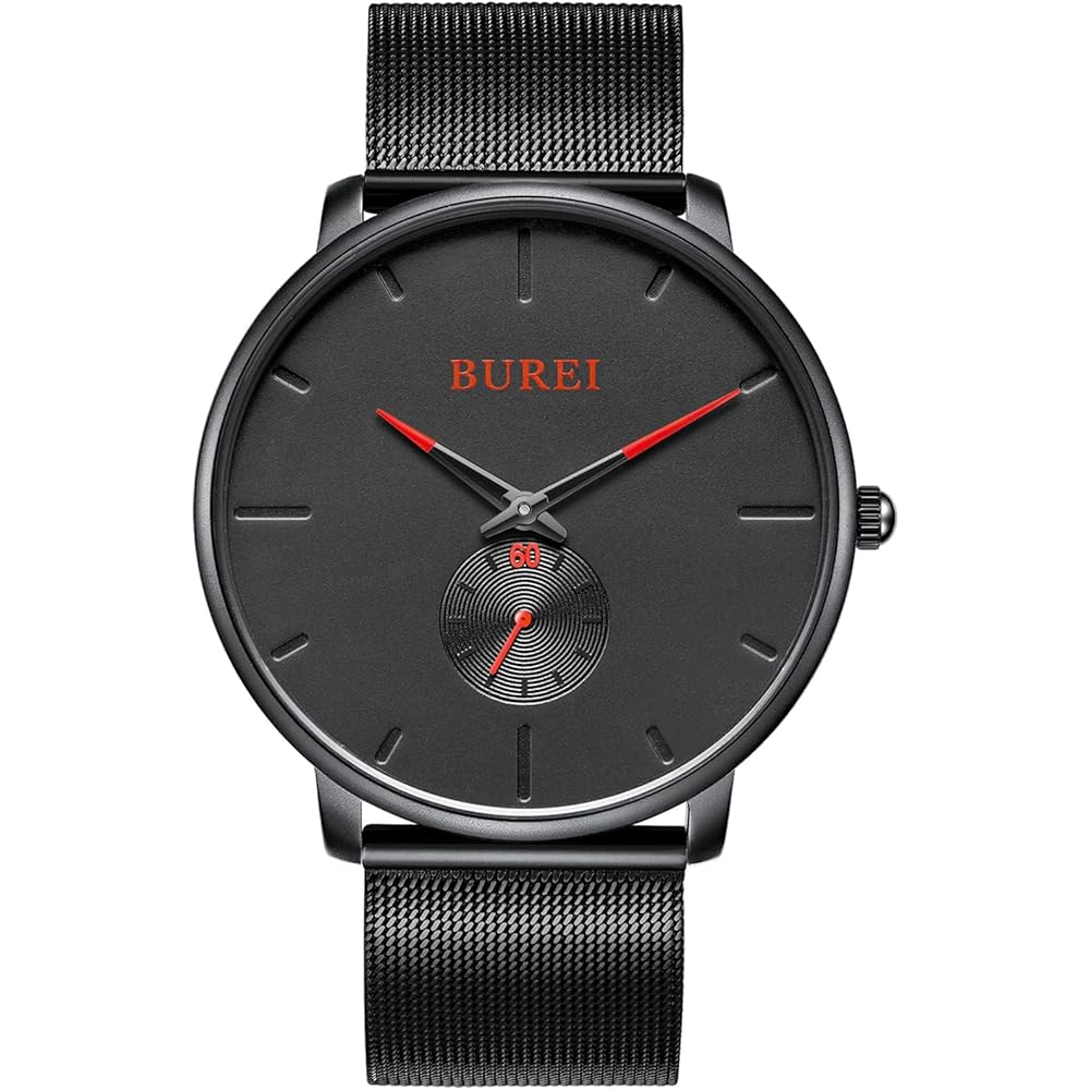 BUREI Men s Black Simple Stylish Watch with Leather Strap and Stainless Steel Case