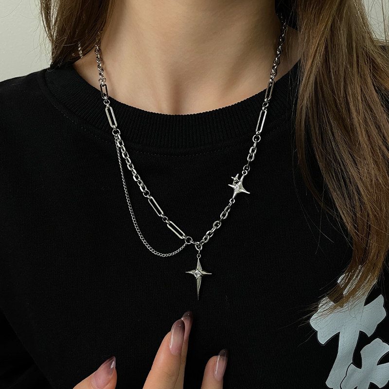 Oukechun Cross XINGX Necklace Women Niche Light Luxury Ins Hip-hop European and American Simple Men s Accessories Sweater Chain Cross Star Necklace