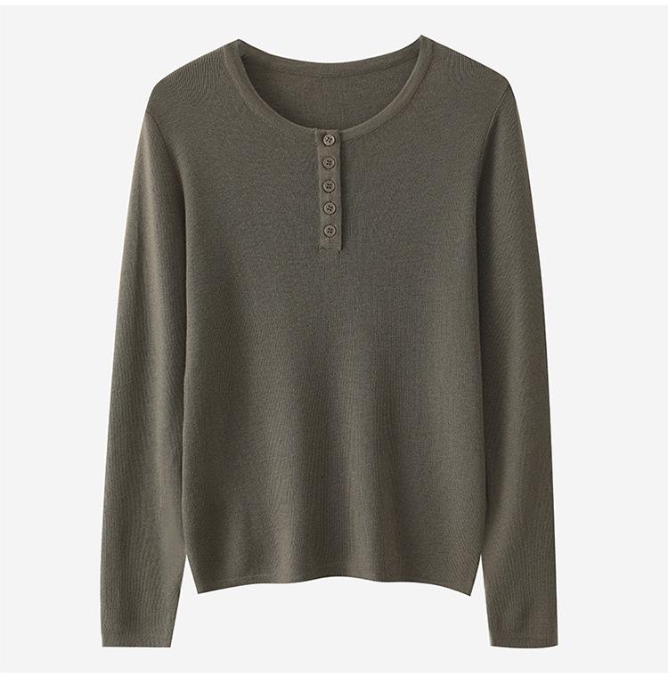 Women's Elegant Fine Wool Half-Button Round Neck Knit Sweater - Versatile, Close-Fitting Base Layer