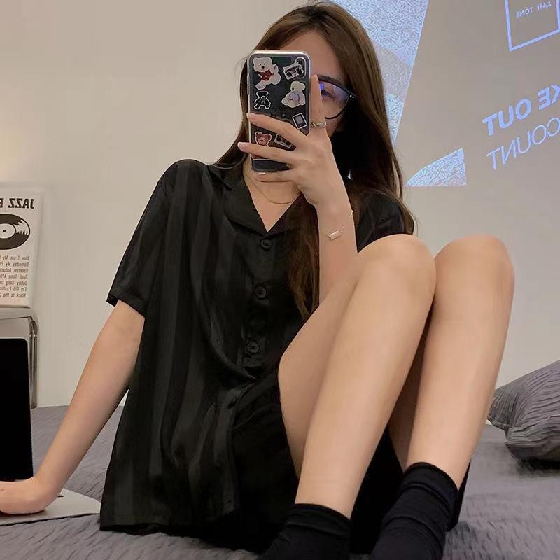 Dámské kostkované pyžamo z ledového hedvábí na jaro/léto 2024 - Dvoudílná sada s dlouhým rukávem