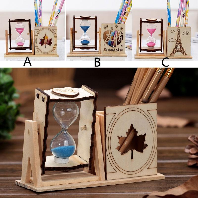 1pcs Wood Sand Glass Hourglass Timer Clock with Pen Holder Home Office Desktop Decor Handmade Craft Gifts